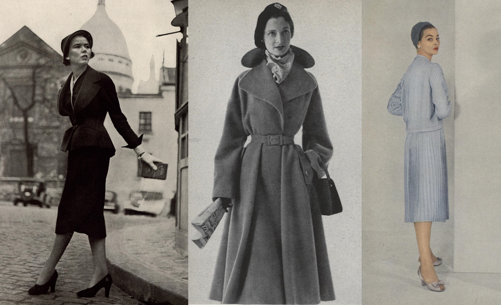 left: black & white photo of woman wearing a smartly-tailored dark-colored skirt suit, middle: black and white photo of woman wearing a very 'French Resistance'-type trench coat, right: colour photo of a woman wearing a pale blue pleated dress with matching cardigan